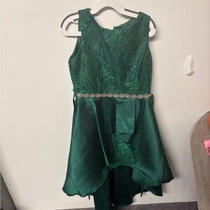 Girls Green Sleeveless Dress with Embellished Waist and asymmetrical hem